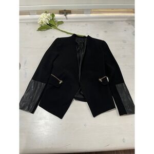 Zara Basic Blazer Jacket‎ Black Gold Zipper Detail Faux Leather Sleeve Small